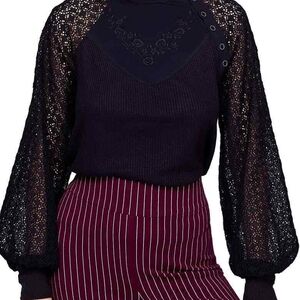 Free People Black Lace Sleeve Women's Top NWOT
